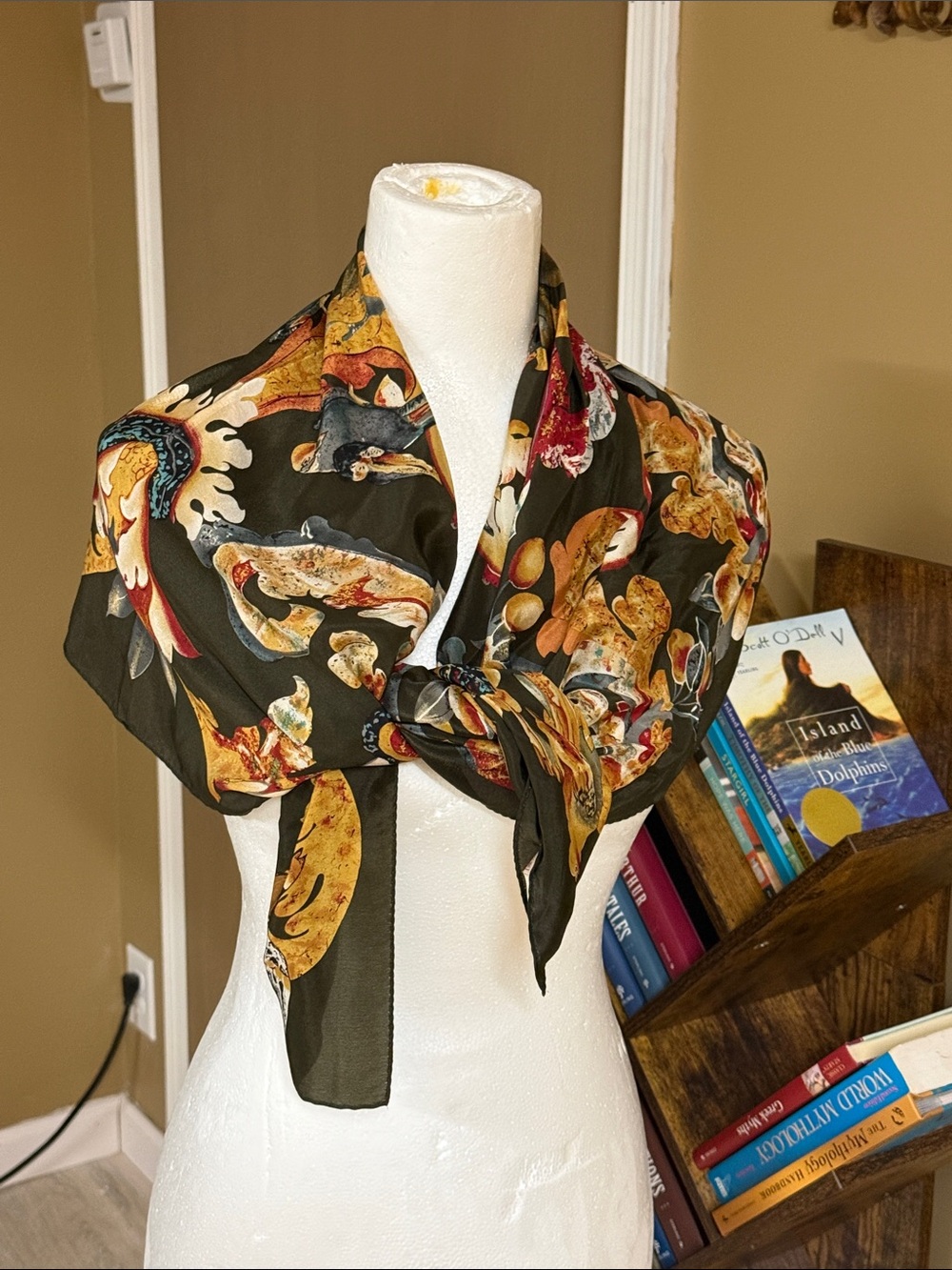 Anne Klein Olive Multicolor Floral & Abstract Print Silk Scarf
